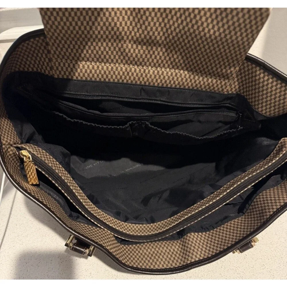 Adrienne Vittadini Work Bag Travel Tote Tan And Brown Woven Pattern Leather
